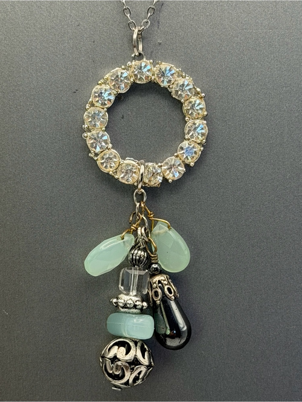 Seafoam Green Rhinestone Circle Pendant Antique Silver Style Hematite Charms